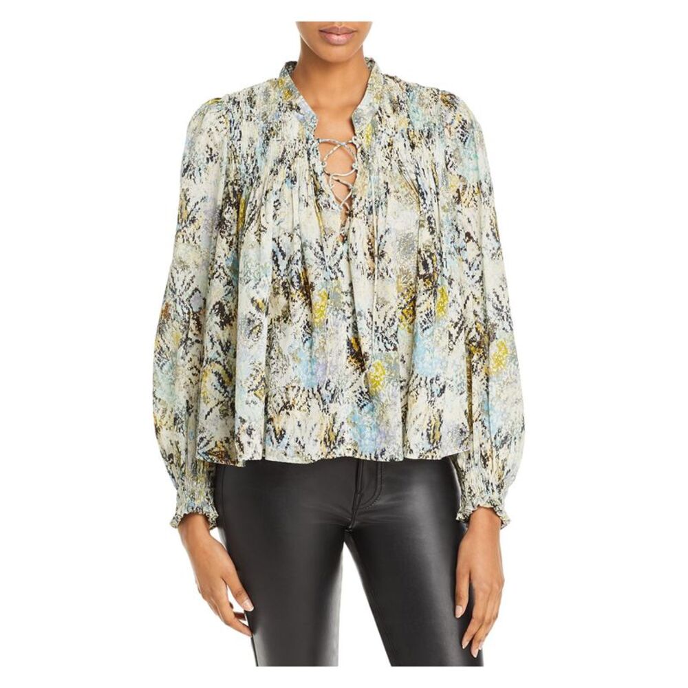 IRO Womens Green Smocked Pleated Printed Long Sleeve Tie Neck Blouse 36